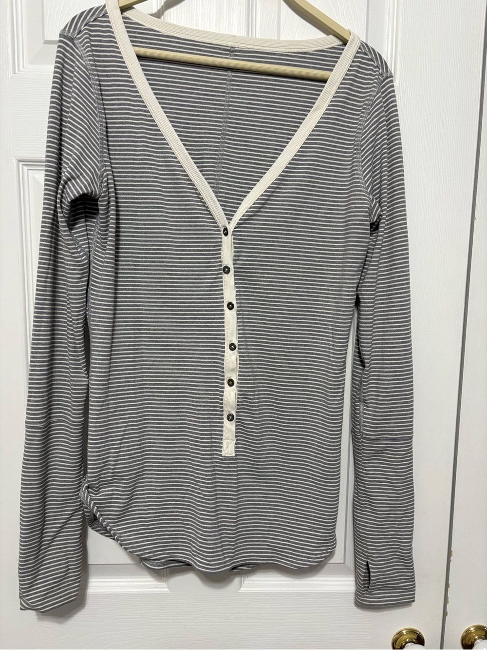 Striped Long-Sleeve Henley Top - Gray & White